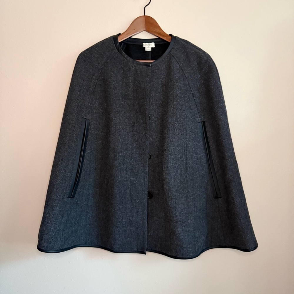 J.Crew Herringbone Wool Blend Cape Coat Leather Trim XS/S